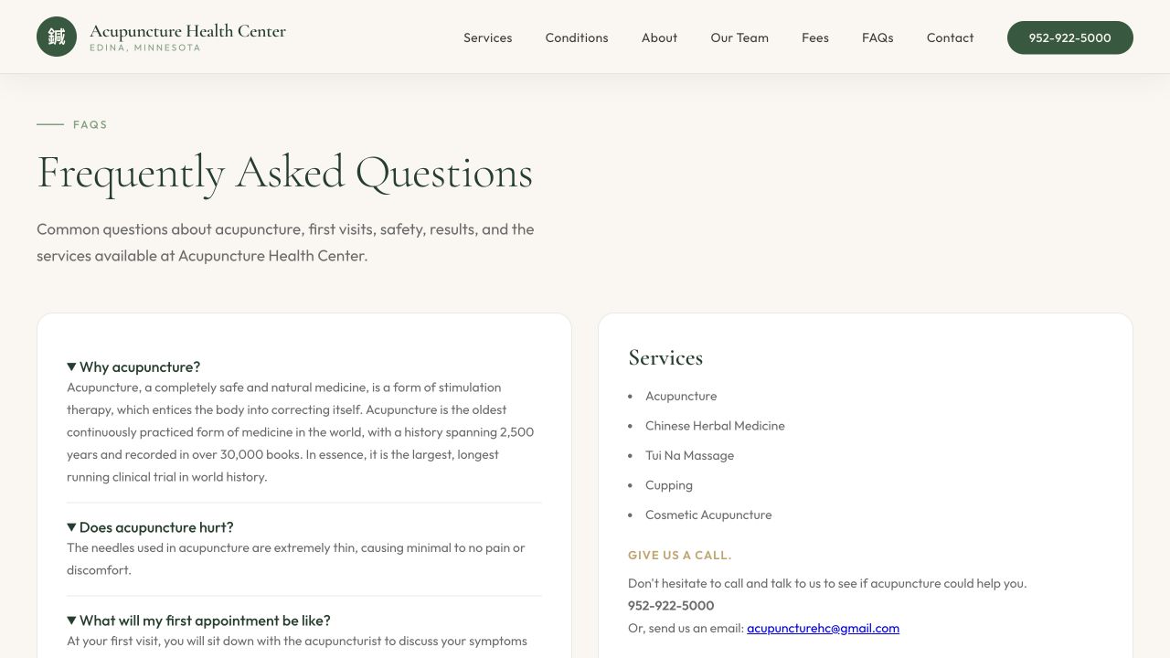 New prototype FAQ section with service list and clinic questions