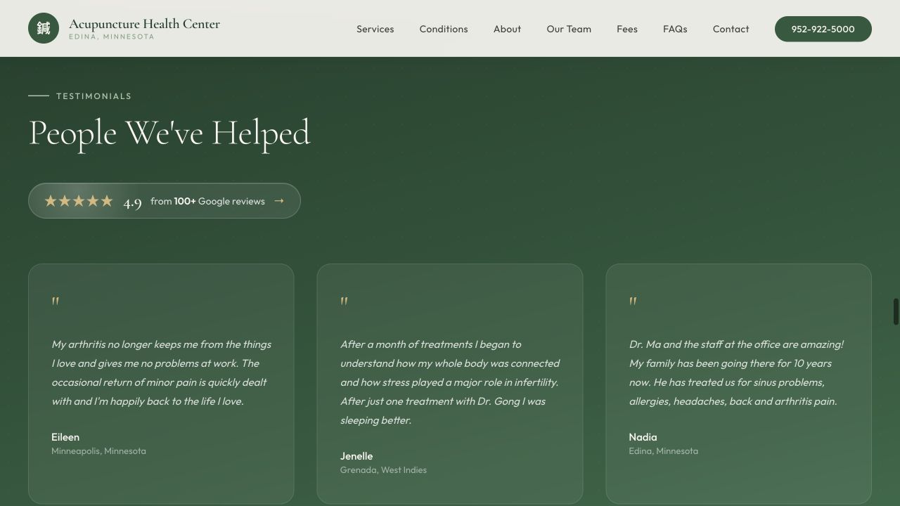 New prototype testimonials section with 4.9 Google rating and review count