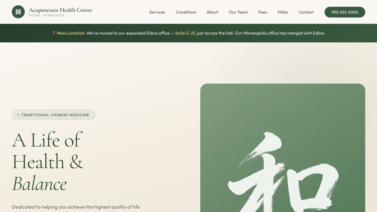 New Acupuncture Health Center prototype homepage on desktop