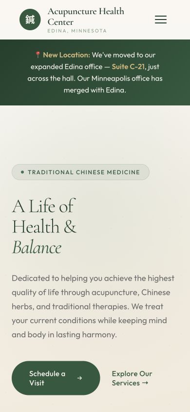 New Acupuncture Health Center prototype homepage on mobile