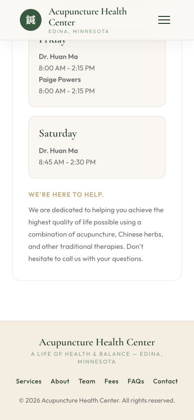 New Acupuncture Health Center mobile page bottom with schedule and footer
