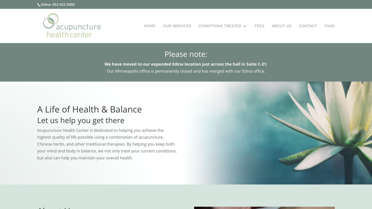 Old Acupuncture Health Center homepage on desktop