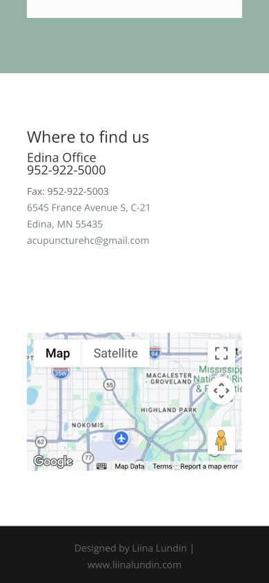 Old Acupuncture Health Center mobile page bottom with contact map and footer